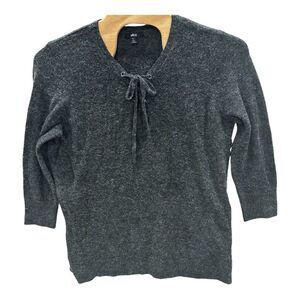 Ellos V-Neck Womens 1X Gray Lace Up Wool Mohair Blend Sweater Academia